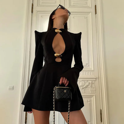 Elegant Women's Mini Dresses Solid Sexy Bodycon Slim Fit Hollow Out Regular Long Flare Sleeve A Line Trend Casual Female