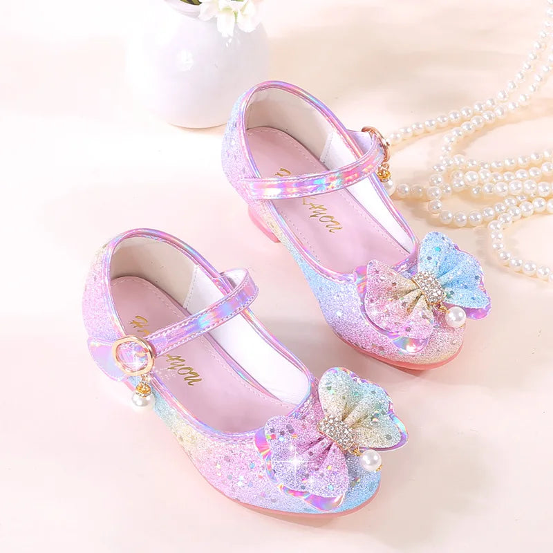 Girls Shoes New Children's Princess Single Shoes Fashion Korean Version High Heel Color Sequins Girls High Heel Leather Shoes