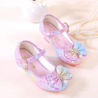 Girls Shoes New Children's Princess Single Shoes Fashion Korean Version High Heel Color Sequins Girls High Heel Leather Shoes