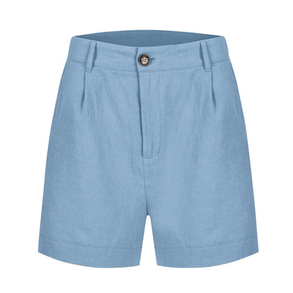 Cotton Linen Solid Shorts For Women Button High Waist Summer Loose Casual Pockets Shorts Female Pants Women Clothing