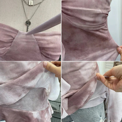 2025 Mesh Camisole for Women Stretch Casual Tie Dyeing Braless Sleeveless Adjustable Straps Asymmetrical Ruffle Tops