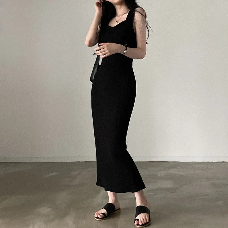 Basic Knit Long Dress Korean Fashion Square Collar Sleeveless Women's Dresses Summer Casual Y2k Vintage All-match Outftis