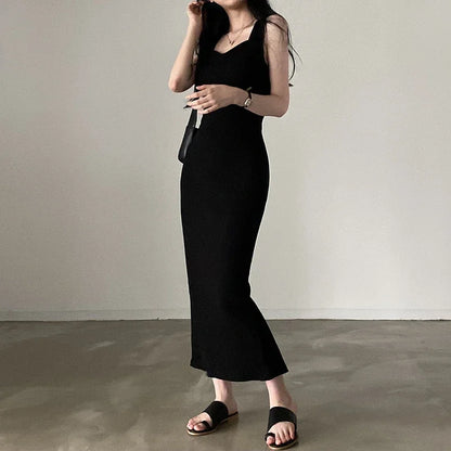 Basic Knit Long Dress Korean Fashion Square Collar Sleeveless Women's Dresses Summer Casual Y2k Vintage All-match Outftis