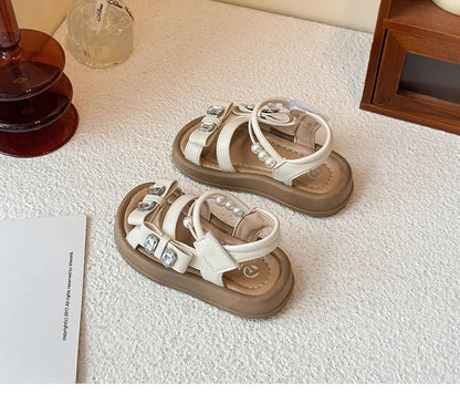 Girls' rhinestone sandals 2025 Summer New children's perforated breathable princess shoes Girls' soft-soled beach shoes