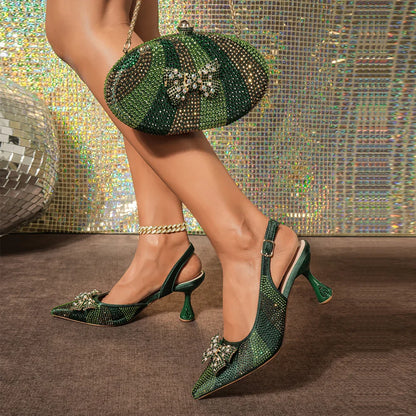 Nigerian-Inspired Rhinestone High Heels for Women with Purple Oval Bag – Stylish Ladies' Footwear & Accessory Set