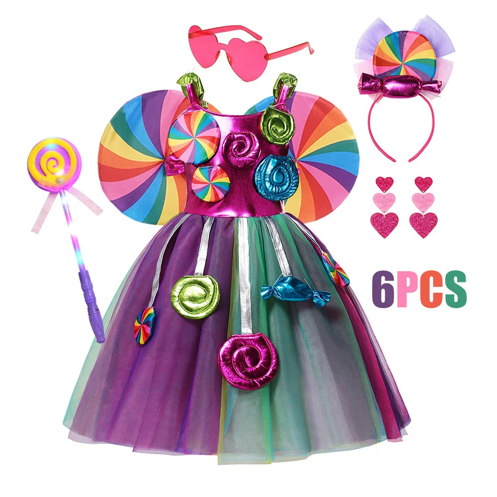 Girls Rainbow Dress Candy Costume Sweet Lollipop Festival Purim Carnival Party 3-10y Children Clothing with Candy Wing Stage Sho