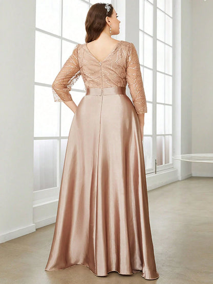 Neck long sleeve sequin patchwork satin long gown ball dress Party dress Bridesmaid dress