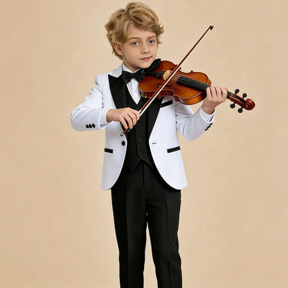 Classic White Boys Tuxedo 4 Pieces Wedding Guest Clothes Formal Peak Lapel Kids Suit Set Banquet Party Wear Chic Slim Fit Suits