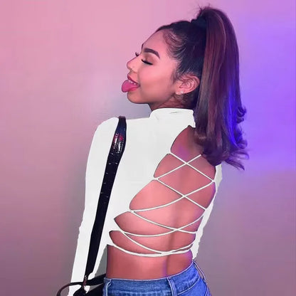 blusa feminina de algodão vazada sexy, tops de manga longa sem costas com atadura, Harajuku, justa, streetwear, camisetas de malha