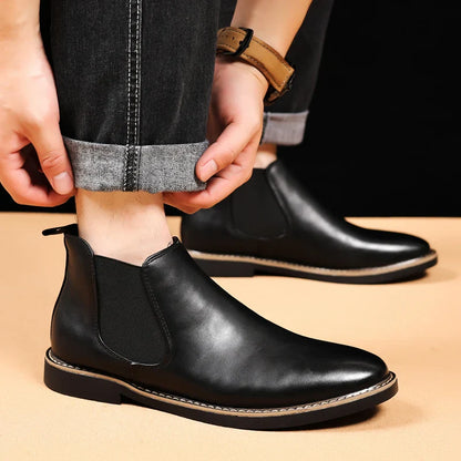 39~47 Men Chelsea Boots Brand Retro Comfortable PU Leather Ankle Boots Men 2025 Fashion Black Brown Mens Boots