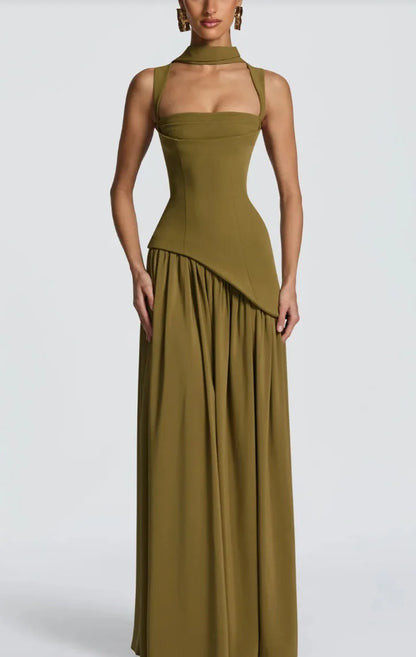 Summer Elegant Olive Green Maxi Dress for Women Flowy Long Dress with Scarf Birthday Party Beach Graduation dress