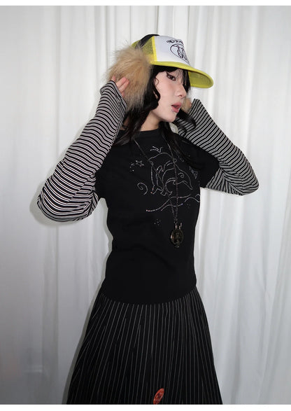 Y2k Vintage T-shirt Women Long Sleeve Patchwork Japanese 2000s Grunge Tops Streetwear American Retro Print Graphic Tops