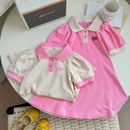 Girls Cotton Lapel Collar Dress Cute Solid Color  Pink  A-line Dress Kids Casual Skin-friendly Daily  Dress