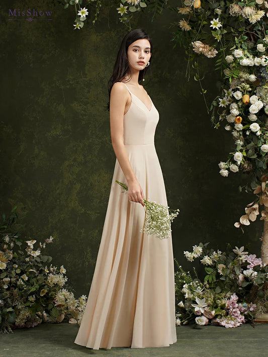MisShow Chiffon Laço Vestidos De Noite Decote V Alças Finas Elegante Sem Mangas Vestidos De Baile De Festa Formais Robe De Soiree Longue
