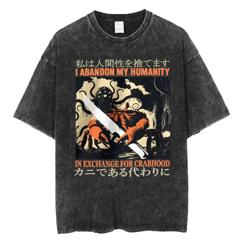 Amare Box No Thoughts Head Empty Japanese T-shirt Funny Capybara Vintage Washed T Shirt Men Women Casual Loose Short Sleeve Tees