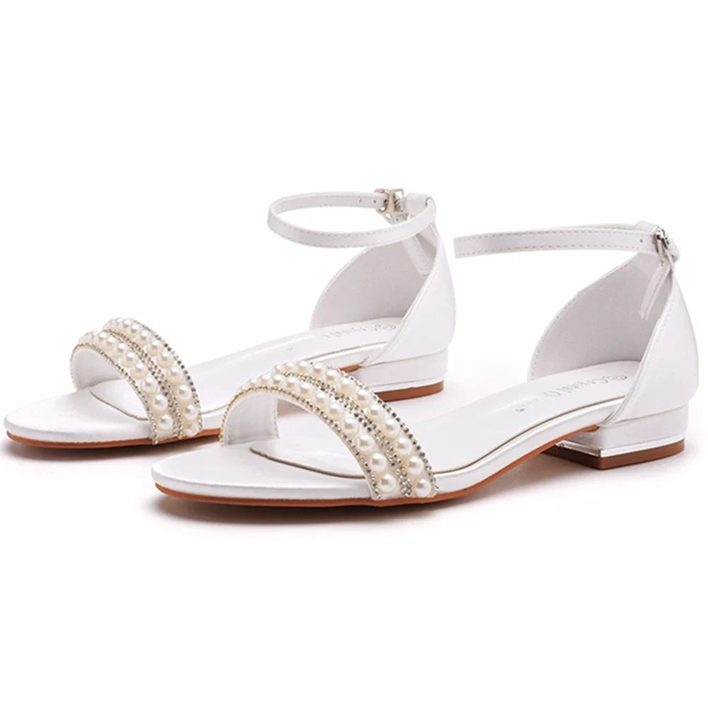 Summer new 2-cm square-heeled silk ribbon pearl rhinestone low-heeled wedding shoes beaded lace-up flat large-size women sandals