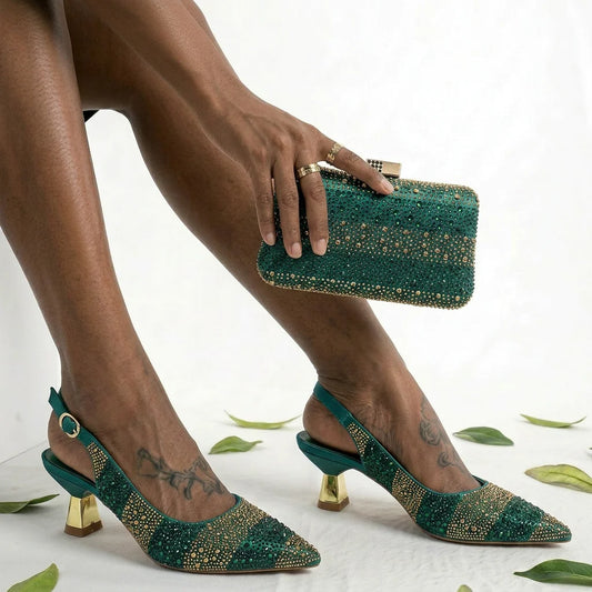 Nigerian Women Heel Ladies Italian Luxury Design Green Shoes And Bag Set Decorated with Rhinestone Handbag Wedding Party