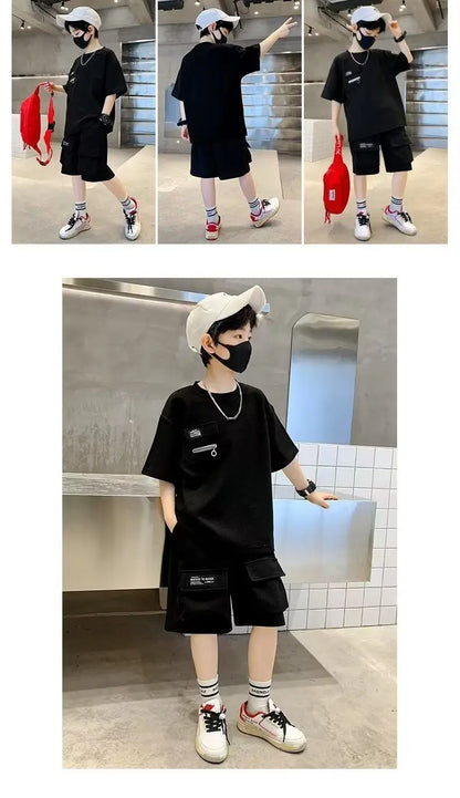 Summer Kids Boys T-Shirt+Shorts 2-Piece Set Letter Printing Children Teen Loose Comfortable Sports Casual Clothes 4-14 Years Old
