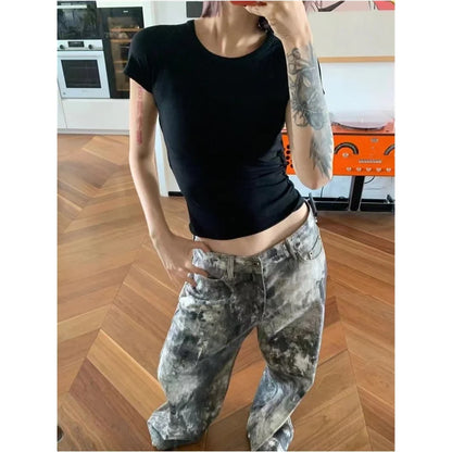 Blue Women's Jeans Hip-hop Fashion Vintage Streetwear Y2K Wide Leg Straight Jean High Waist Trouser Classic Baggy Denim Pants