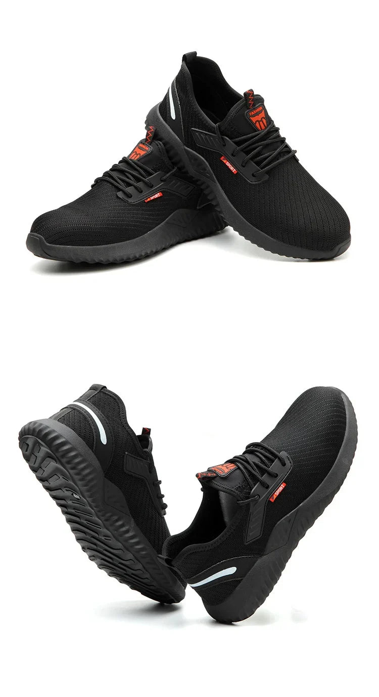 Steel-toe work shoes, puncture-resistant safety boots, sturdy industrial shoes, comfortable and breathable, and slip-resistant.