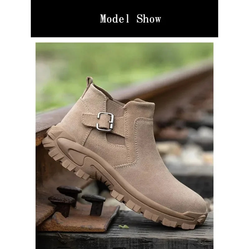 Cowhide and Suede Work Shoes  Outdoor Anti Smashing Safety Desert Boots Chelsea Men's Fashionable Steel Toe Cover Safety Boots