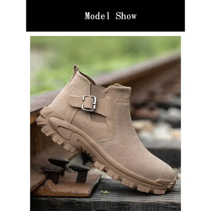Cowhide and Suede Work Shoes  Outdoor Anti Smashing Safety Desert Boots Chelsea Men's Fashionable Steel Toe Cover Safety Boots