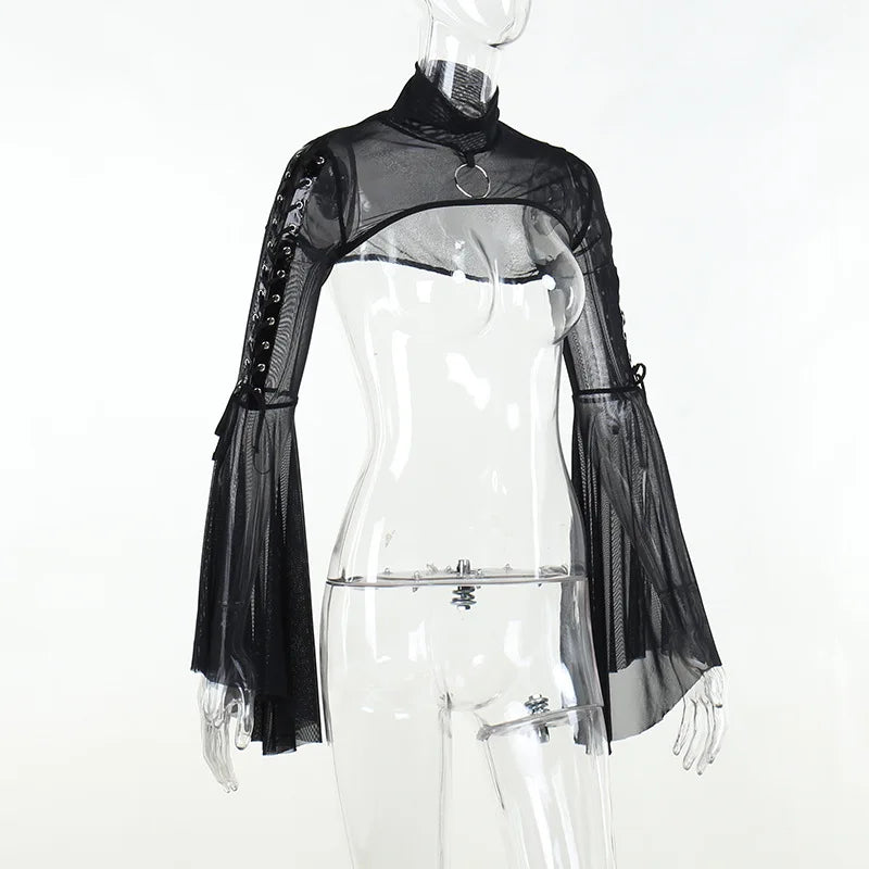 Black Mesh T-shirt Gothic Street Lace-up Punk Ring Flared Sleeves Eyelet Pullover Outer Harajuku Vintage Women Top