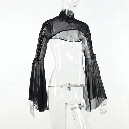 Black Mesh T-shirt Gothic Street Lace-up Punk Ring Flared Sleeves Eyelet Pullover Outer Harajuku Vintage Women Top