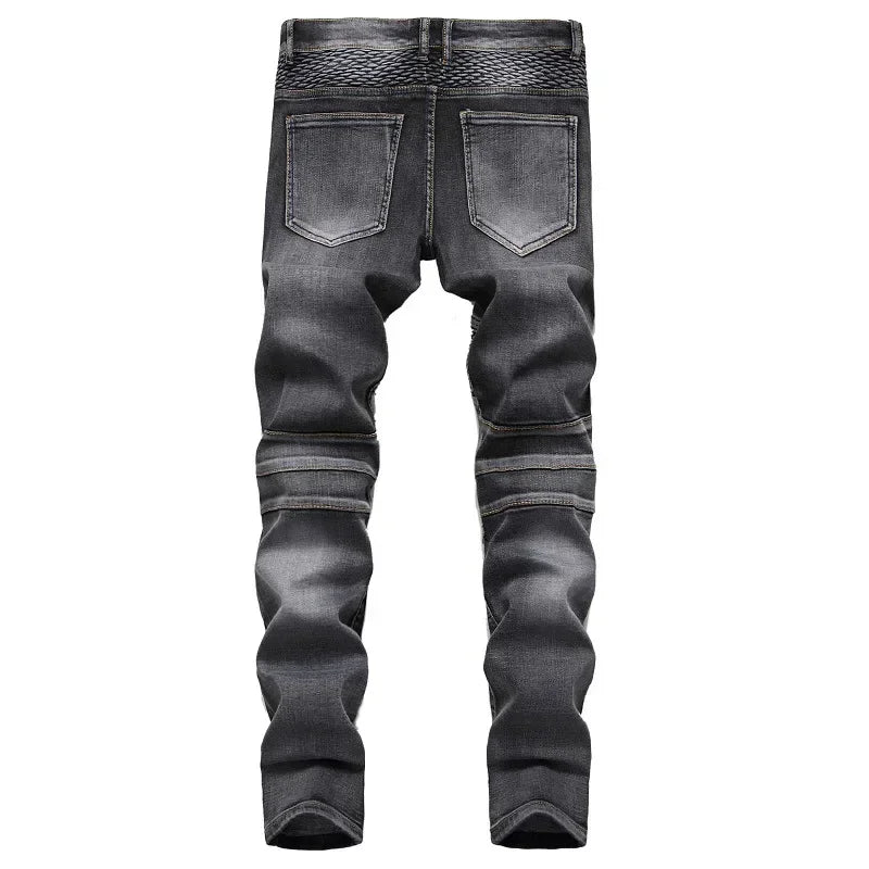 Calça Jeans Masculina Nova Casual Moto Hip Hop Rua Equitação Elástica Slim Reta Patchwork Moda Calças Jeans Masculinas