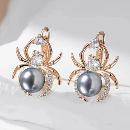 Hot Gray Pearl Animal jewelry Set for Women Spider Earrings Necklace and Ring 585 Rose Gold Silver Color Mix Retro Jewelry