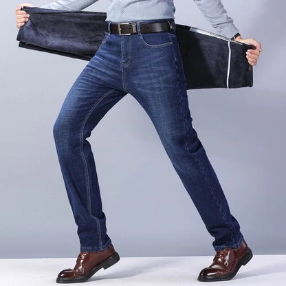 Winter New Men's Warm Blue Black Slim Jeans Classic Style Stretch Slim Fit Thick Pants Fashion Trousers Male Brand