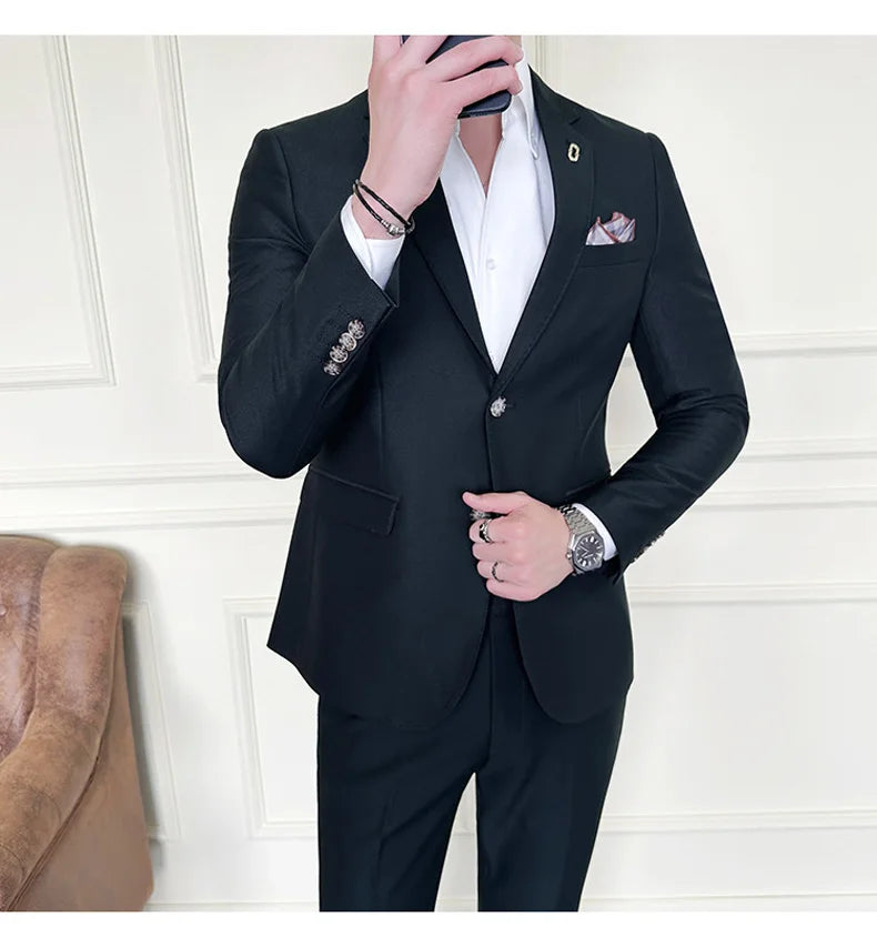 Men's Korean Style Slim Fit Suit Set, High Quality Fabric Solid Color Edge Pressing for Wedding Business