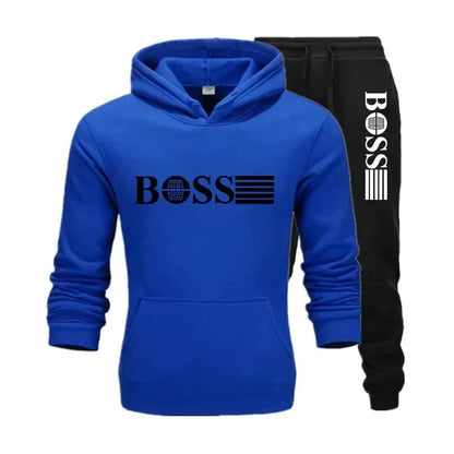 Winter and autumn fleece thickened hooded pullover sweater jacket for men, casual sports outfit, two-piece set for men