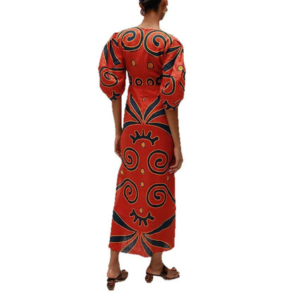 Women Linen Material Long Dresses Fashion Chic Print Sexy V-neck Hollow Out High Waist Party Dress Lady robes