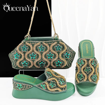 Popularity Open Toe Luxury Fashion Women High Heels Shoes and Bags Set With Rhinestone for Wedding Party Elegant