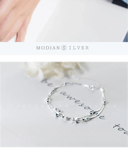 New 925 Sterling Silver Beads Ball Stars Double Layer Bracelet For Women Charm Bracelet Engagement Original Fine Jewelry