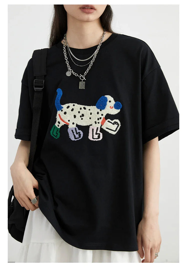CHIC VEN Camisetas Femininas Soltas Streetwear Unissex Divertido Cão Bordado Manga Curta Algodão Blusas Menina Femininas Verão 2025