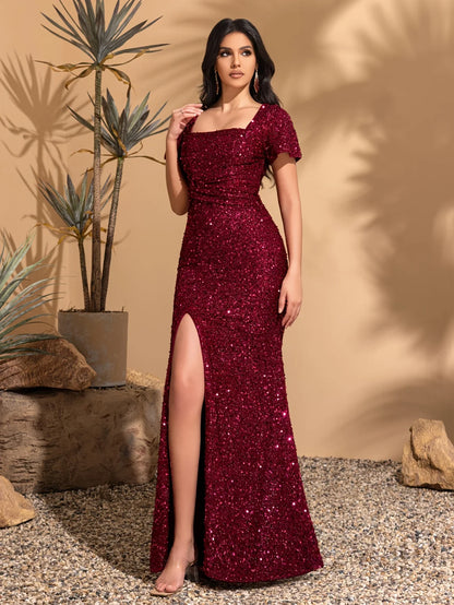 Sequined short-sleeved square neck hip-hugging wedding dress, classic retro style, elegant and chic dress