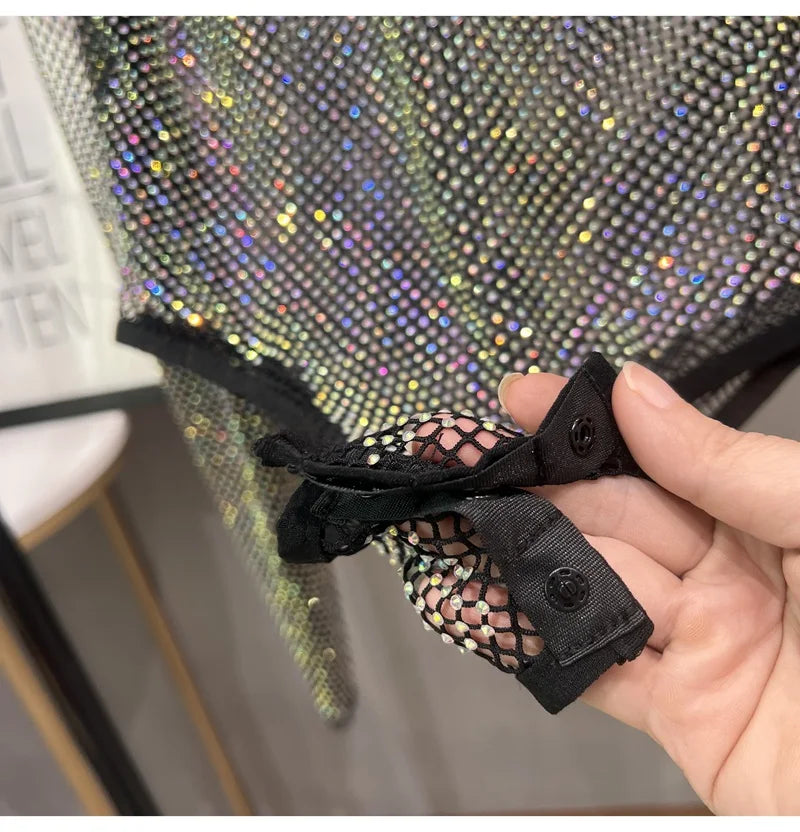 Women's Shiny Rhinestone Fishnet See-Through Bodysuit Mesh Fashion Sexy Bodysuit