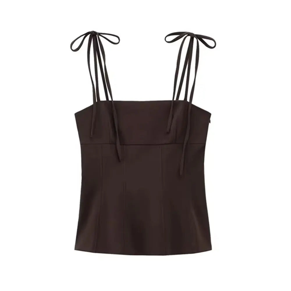 Women's Fashion Tank Top with Bows Straight Neck Thin Straps Female Camis Mujer  Stylish Summer Top