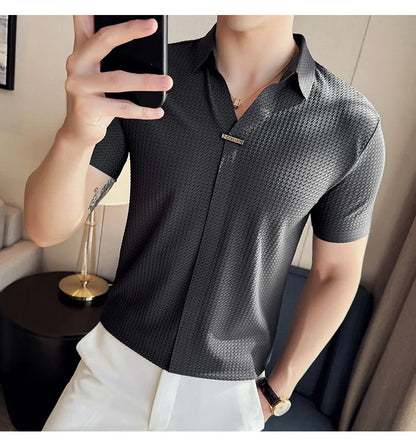 High-Grade Ice Silk Seamless Adhesive Polo Shirt, High-Elastic V-neck Thin Waffle Short-Sleeved Golf Shirt, T-shirt