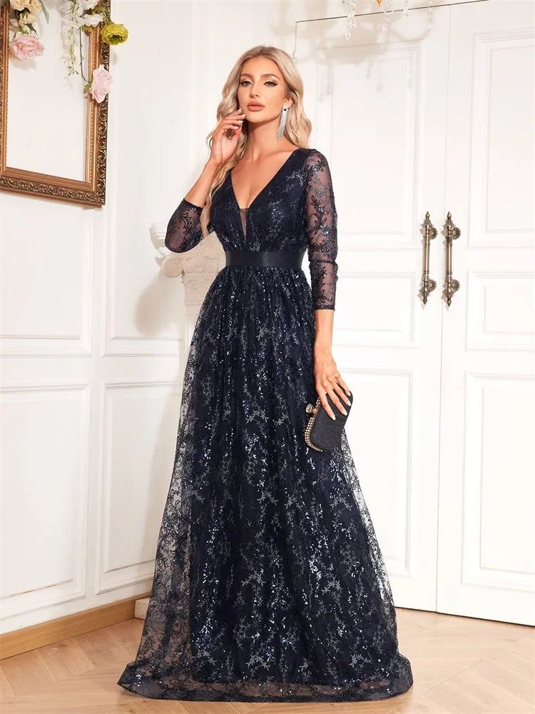 New Elegant Blue V-Neck Floral Evening Dress Long 2025 Luxury Women Long Sleeve Wedding Party Cocktail Dress Graduation Prom