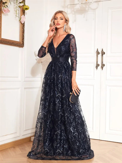 New Elegant Blue V-Neck Floral Evening Dress Long 2025 Luxury Women Long Sleeve Wedding Party Cocktail Dress Graduation Prom