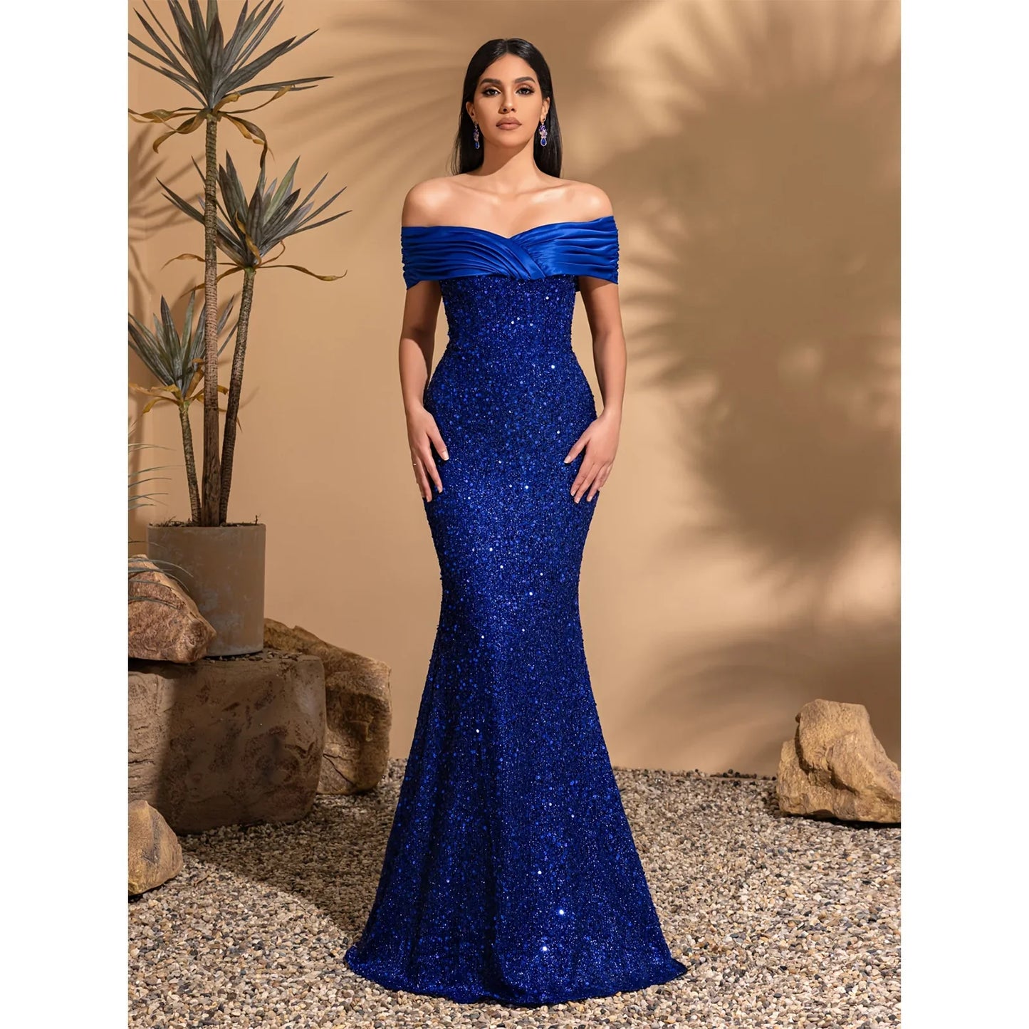 Pleated neckline sequined hip-length dress, elegant and chic dress