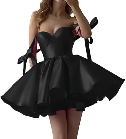 Mini Satin Sweetheart Homecoming Dresses for Teens Bow Spaghetti Straps Short Ball Gown Puffy Cocktail Prom Dress with Pockets