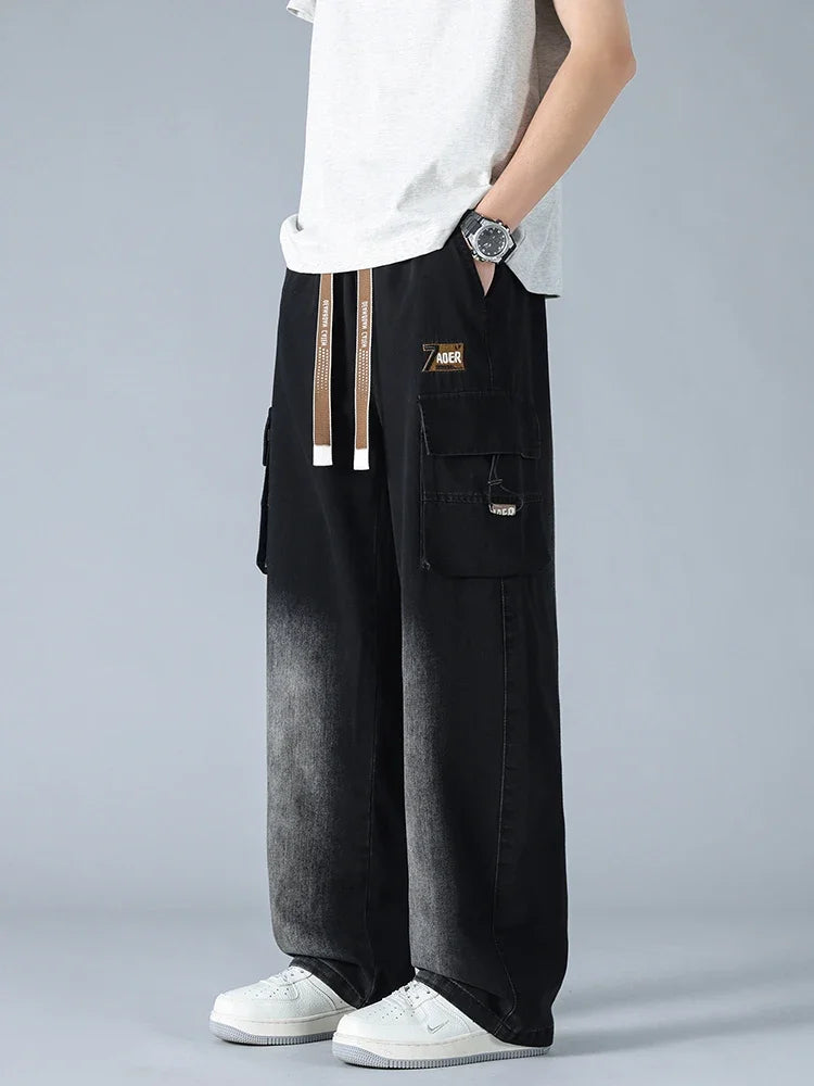 Summer Men's Straight Jeans Multi-Pockets Wide Leg Denim Cargo Pants 8XL 7XL 6XL Big Size Lightweight Baggy Solid Jeans Trousers