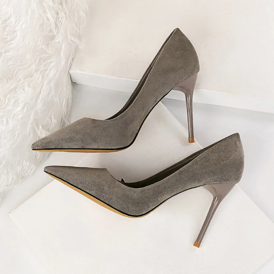 Women 9cm High Heels Pumps Stripper Flock Suede Plus Size Escarpins Lady Wedding Bridal Heels Escarpins Green Blue Yellow Shoes