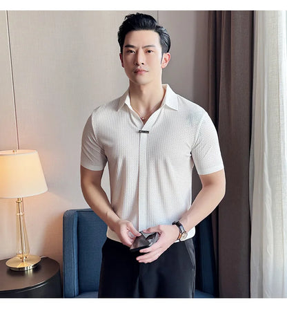 High-Grade Ice Silk Seamless Adhesive Polo Shirt, High-Elastic V-neck Thin Waffle Short-Sleeved Golf Shirt, T-shirt