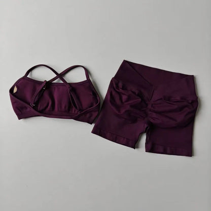 Seamless 2PCS Leggings Set Women Seamless Yoga Set High Waist Scrunch Butt Shorts With Halter Sports Bras Workout Gym Suit Set