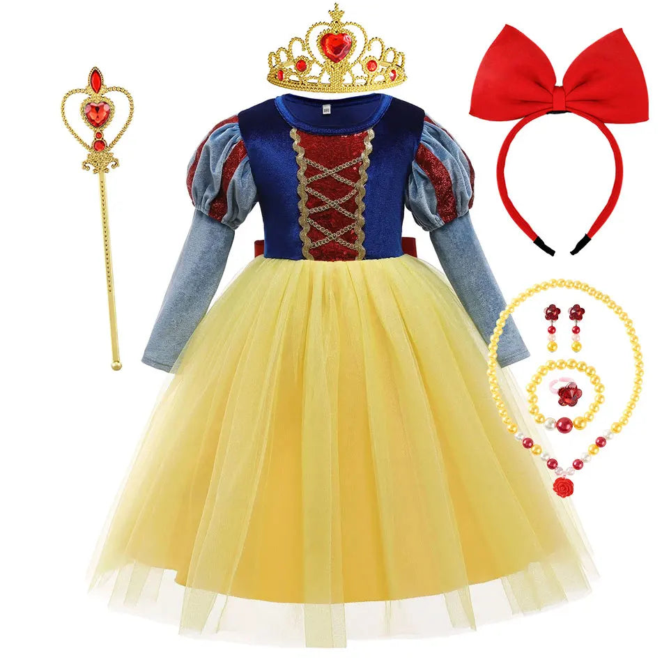 Fantasia Infantil Branca de Neve Vestido de Princesa Baile Meninas Aniversário Festa Corpinho de Veludo Saia de Tule Malha Roupa Cosplay Infantil 2-10 Anos